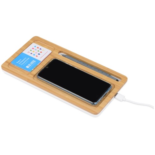 Беспроводное зарядное устройство-органайзер из бамбука "Timber", натуральный/белый
