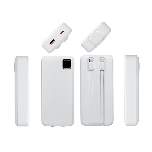 Внешний аккумулятор со встроенными кабелями «Фрэйм Про», быстрая зарядка, 20000мач, белый