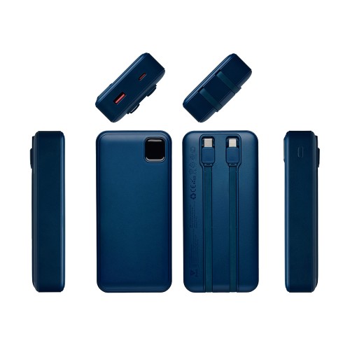Внешний аккумулятор со встроенными кабелями «Фрэйм Про», быстрая зарядка, 20000мач, тёмно-синий