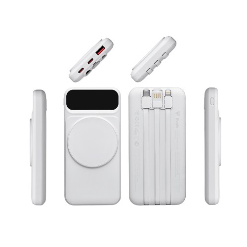 Магнитный беспроводной внешний аккумулятор со встроенными кабелями «Мэни»,быстаря зарядка, 10000 мАч, белый
