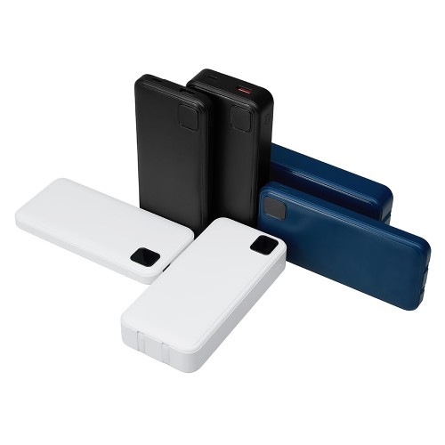 Внешний аккумулятор со встроенными кабелями «Фрэйм Про», быстрая зарядка, 20000мач, тёмно-синий