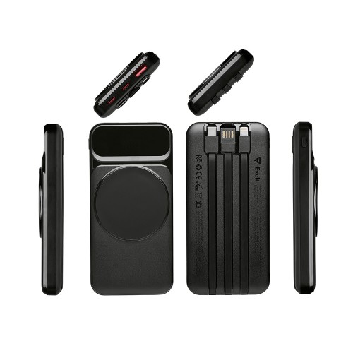 Магнитный беспроводной внешний аккумулятор со встроенными кабелями «Мэни»,быстаря зарядка, 10000 мАч, черный