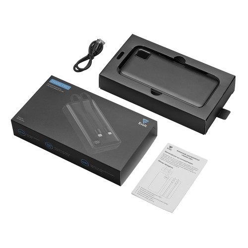 Внешний аккумулятор со встроенными кабелями «Фрэйм Про», быстрая зарядка, 20000мач, черный