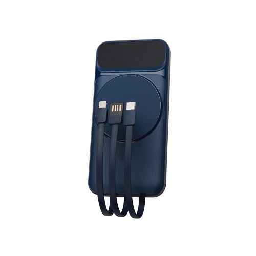Магнитный беспроводной внешний аккумулятор со встроенными кабелями «Мэни»,быстаря зарядка, 10000 мАч, тёмно-синий