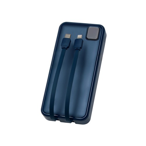 Внешний аккумулятор со встроенными кабелями «Фрэйм Про», быстрая зарядка, 20000мач, тёмно-синий