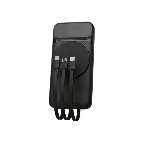 Магнитный беспроводной внешний аккумулятор со встроенными кабелями «Мэни»,быстаря зарядка, 10000 мАч, черный