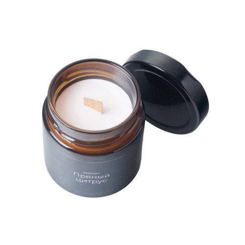 Свеча в стеклянной коричневой банке 200мл, аромат "Пряный цирус", фитиль деревянный