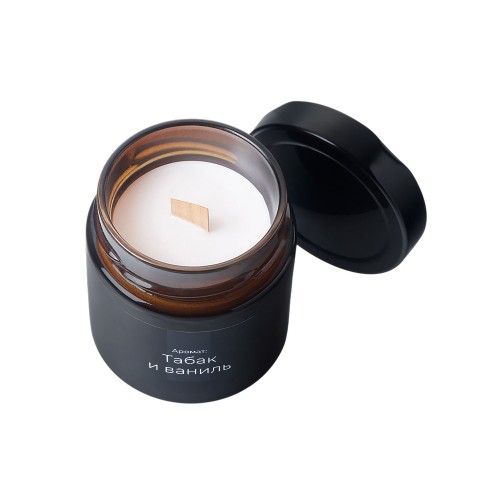Свеча в стеклянной коричневой банке 200мл, аромат "Табак и ваниль", фитиль деревянный