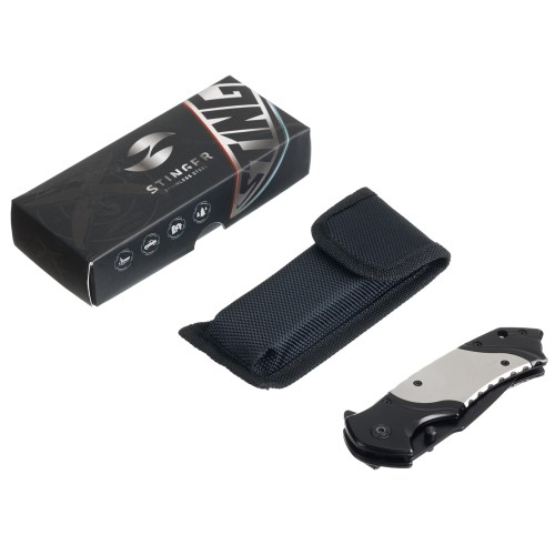 Нож складной Stinger, 120 мм, (черный), материал рукояти: нержавеющая сталь (серебристый/черный)