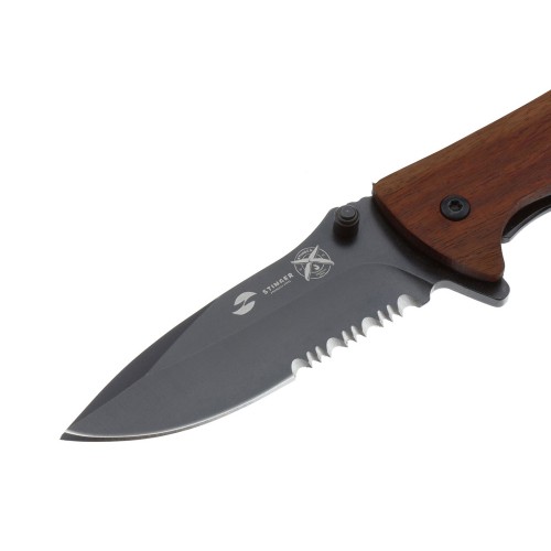 Нож складной Stinger, 80 мм (чёрный), материал рукояти: сталь/сандаловое дерево (коричневый)