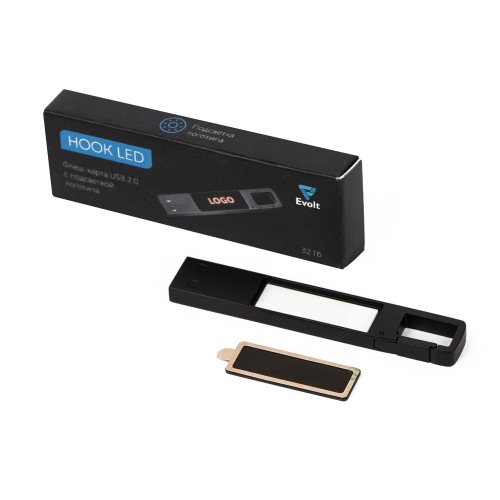 USB 2.0- флешка на 32 Гб c подсветкой логотипа «Hook LED», темно-серый, красная подсветка