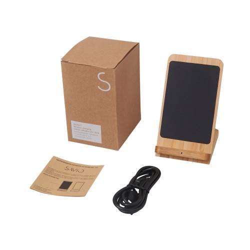 Беспроводное зарядное устройство 2-в-1 с подсветкой лого «Reedia S4», 15 Вт, бамбук, черный