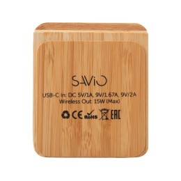 Беспроводное зарядное устройство 2-в-1 с подсветкой лого «Reedia S4», 15 Вт, бамбук, черный