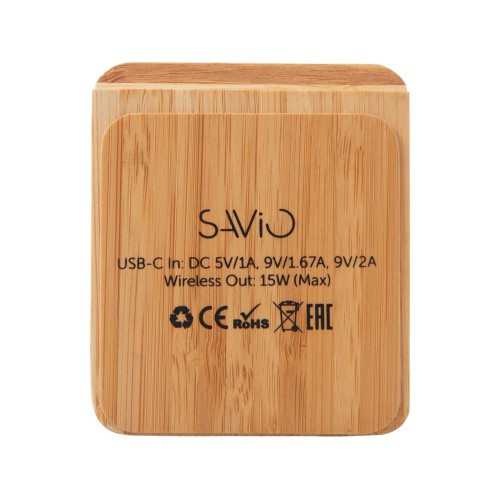 Беспроводное зарядное устройство 2-в-1 с подсветкой лого «Reedia S4», 15 Вт, бамбук, черный